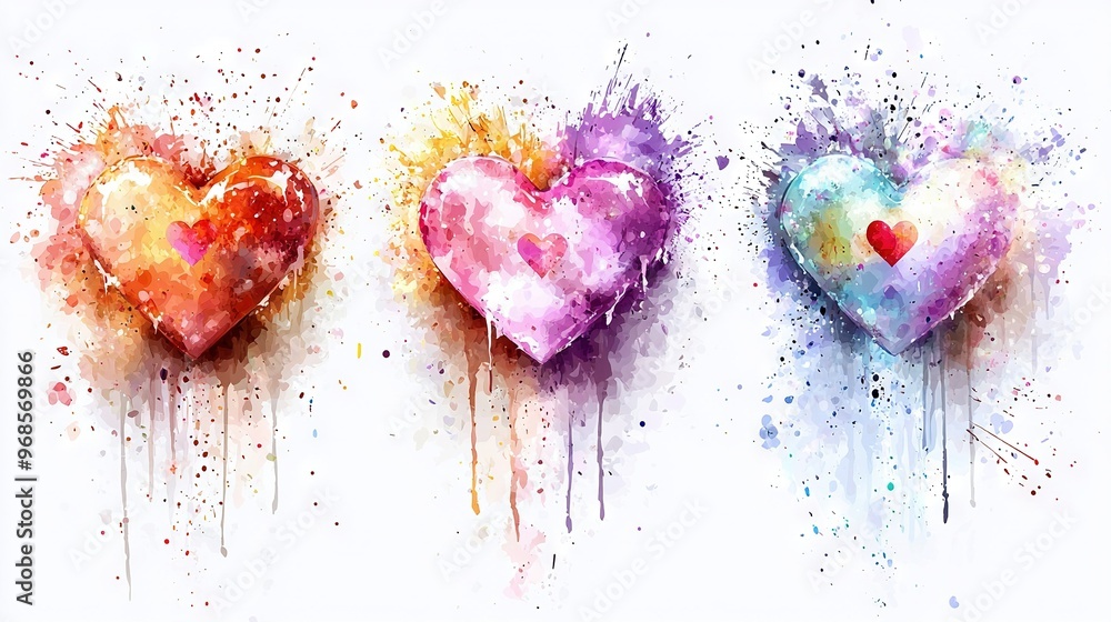 Poster three hearts painted in various hues with splatters of paint surrounding the image and a splash of p