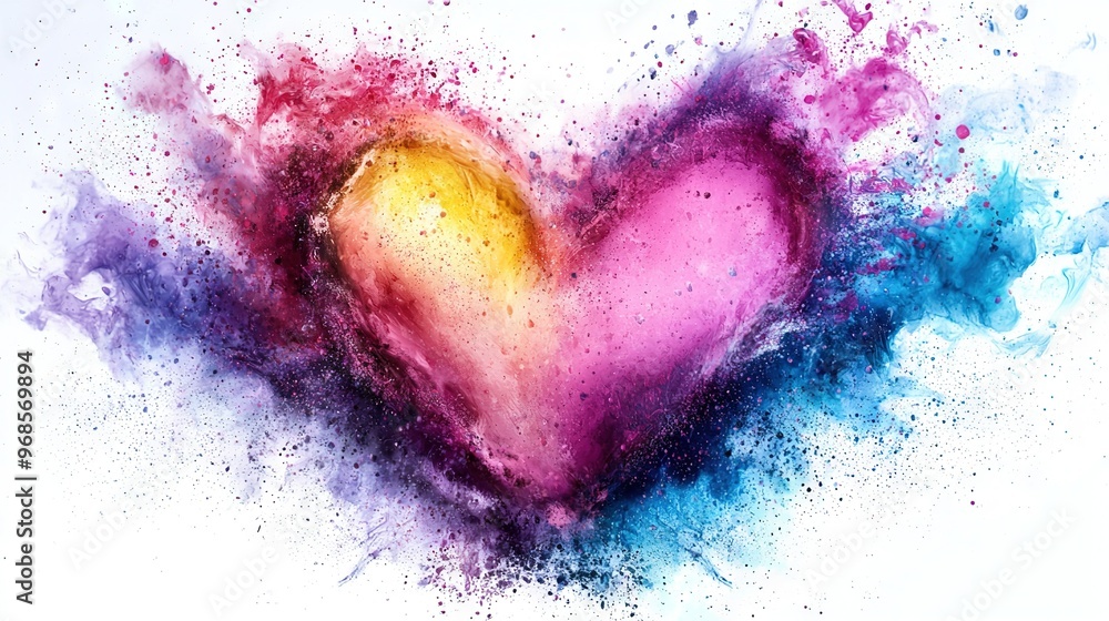 Poster multicolored heart shaped object with splash of paint on white background