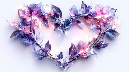   A heart-shaped arrangement of leaves and flowers on a white background, illuminated by reflected light from the center