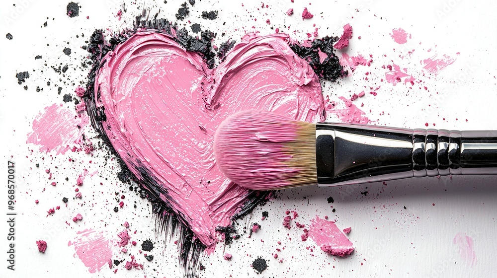 Poster a heart-shaped object is in the center of a close-up image of a brush on a white surface