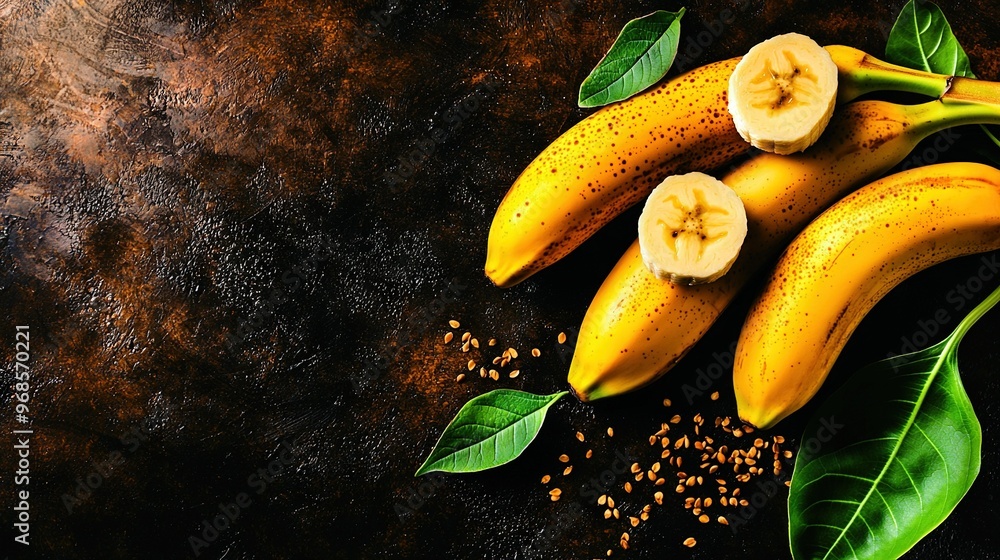 Poster ripe bananas sit atop table with seeds nearby and a green leaf