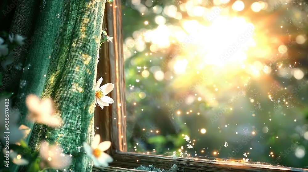 Poster a photo featuring a magnified view of a window that includes a floral element in the foreground and 