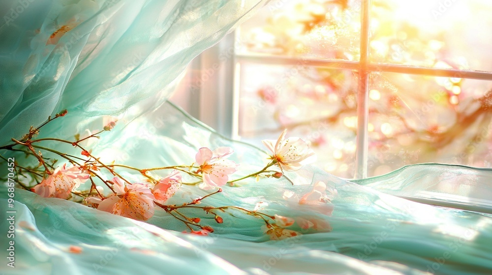 Poster a close-up of a window with a curtain and flowers on the windowsill in front of the window