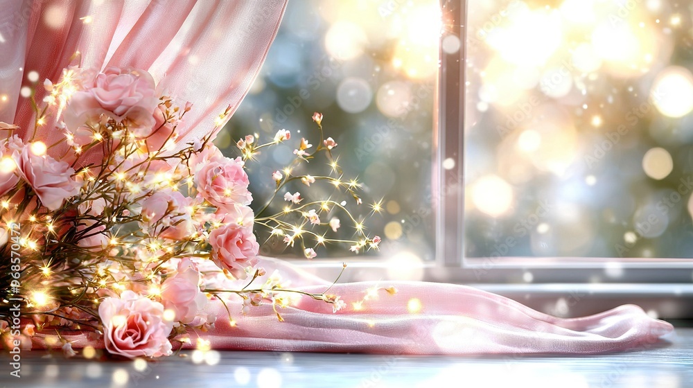 Aufkleber a vase of blooms resting atop a table near a window with a drape and ledge in the background