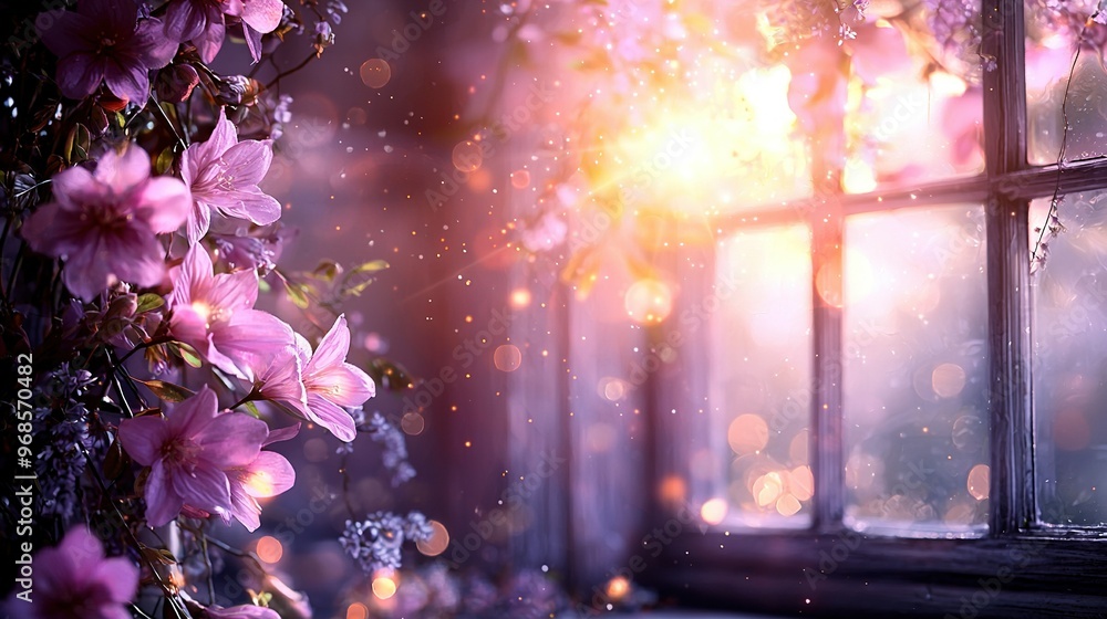 Poster a window adorned with an array of blossoms faces a radiant beam of light streaming through its panes