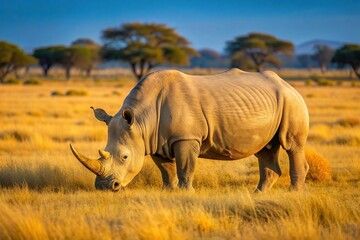 Fototapeta premium Southern African White Rhino Ceratotherium simum grazing in the Kalahari High Angle, arid, Southern Africa, rhino, wilderness, desert, Ceratotherium simum, white rhino, large animal