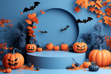 A blue background with a pumpkin display and bats