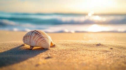 Obraz premium Close-up of a seashell on soft golden sand, with the gentle sea waves in the distance, evoking calm and beachside relaxation