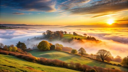Stunning sunrise landscape depicting a low angle view over the fog covered English countryside, nature, landscape, atmospheric, dawn, misty hills, English countryside,sunrise, rolling hills
