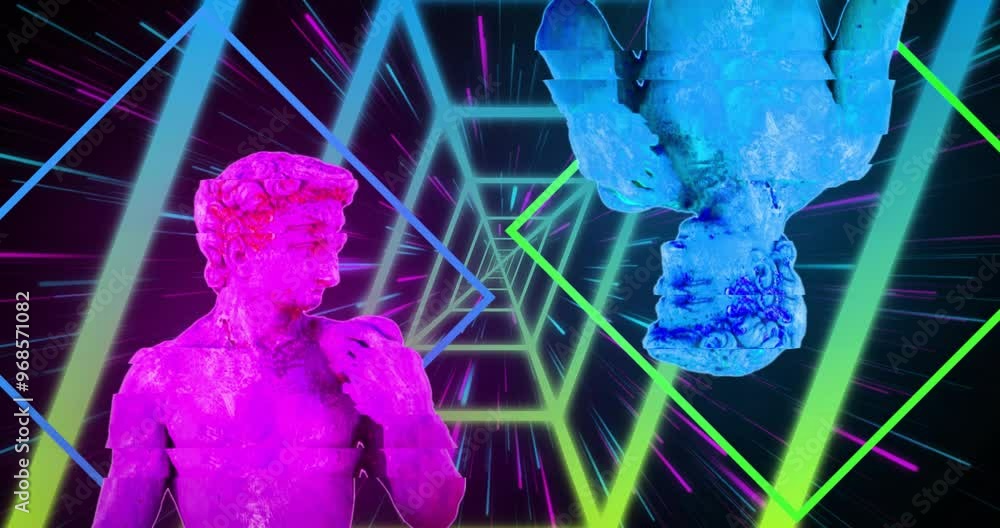Poster animation of interference over shapes moving and sculptures on black background