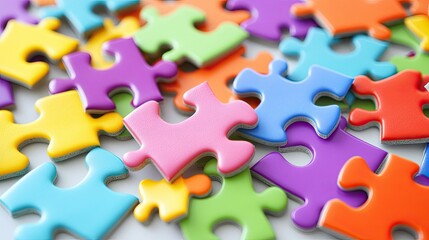 Fototapeta premium Close-up of colorful interlocking puzzle pieces in various shapes, spread across a white surface, symbolizing creativity and problem-solving