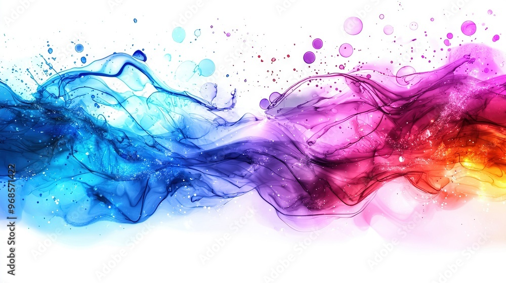 Poster a multicolored wave of smoke on a white background with a splash of water at the bottom of the image