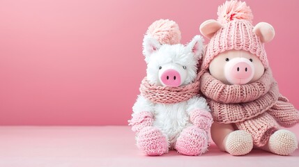soft toys on a pink background with soft toy day holiday card symbol of the new year pig in a hat and scarf
