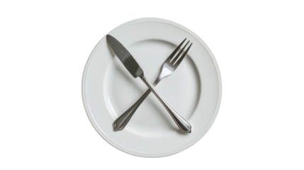 Fork and knife crossed on white plate on transparent background