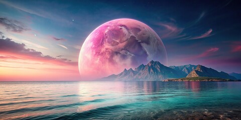 calm, stunning, mountain, planet,pink, A stunning stock photo featuring a pink planet like moon hovering above a calm ocean and a majestic mountain creating an enchanting framing effect