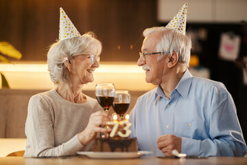 Happy senior couple celebrating birthday at home and toasting with wine.