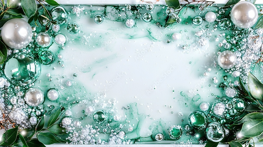 Poster a white background picture frame adorned with ornaments and greenery, perfect for displaying text or