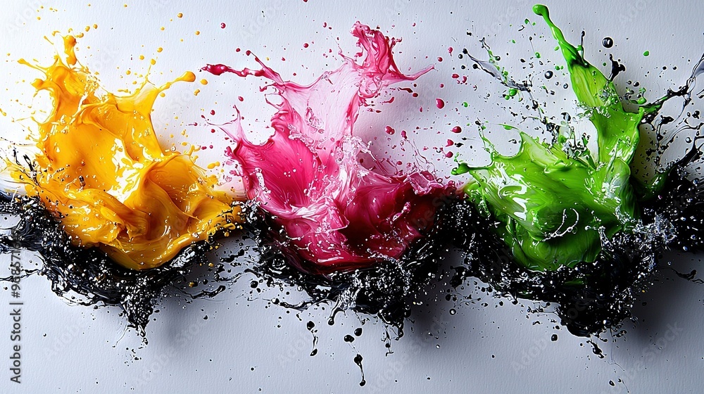 Poster a set of three distinct liquids with varying colors stacked atop a white background on a white surfa