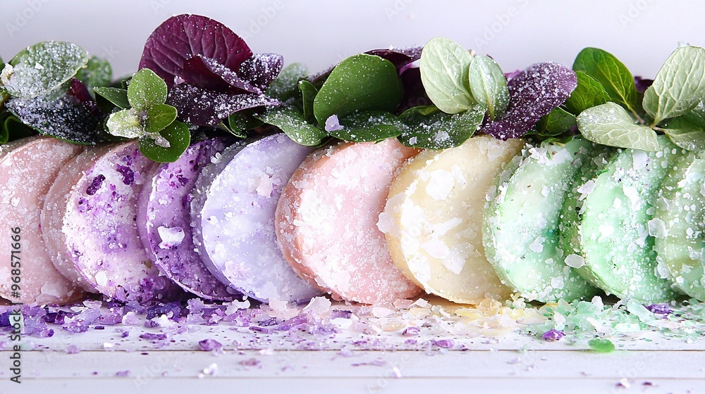 Poster a table with frosting and sprinkles is covered by a row of doughnuts