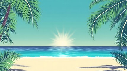 Obraz premium Tropical Beach Scene with Palm Trees and Sunlit Ocean