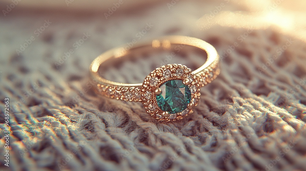 Poster   A macro shot of a ring featuring a green gemstone at its core and a diamond centered within it