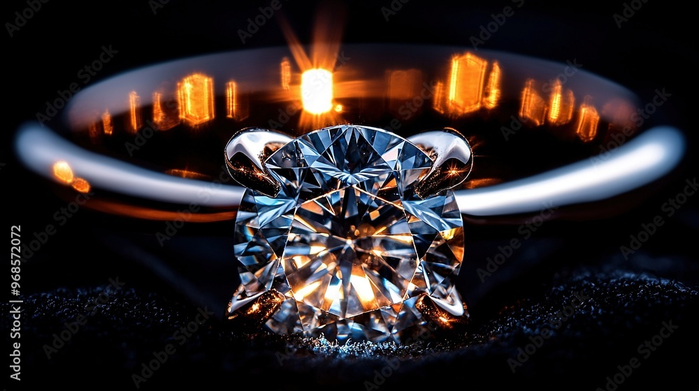 Poster a macro shot of a diamond band on a dark background with a brilliant light source above the stone