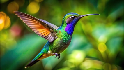 Fototapeta premium A close up photo of a vibrant hovering hummingbird surrounded by lush green foliage in a serene forest at eye level, sunlight, colorful, wings, bird, habitat, forest, feathers, animal