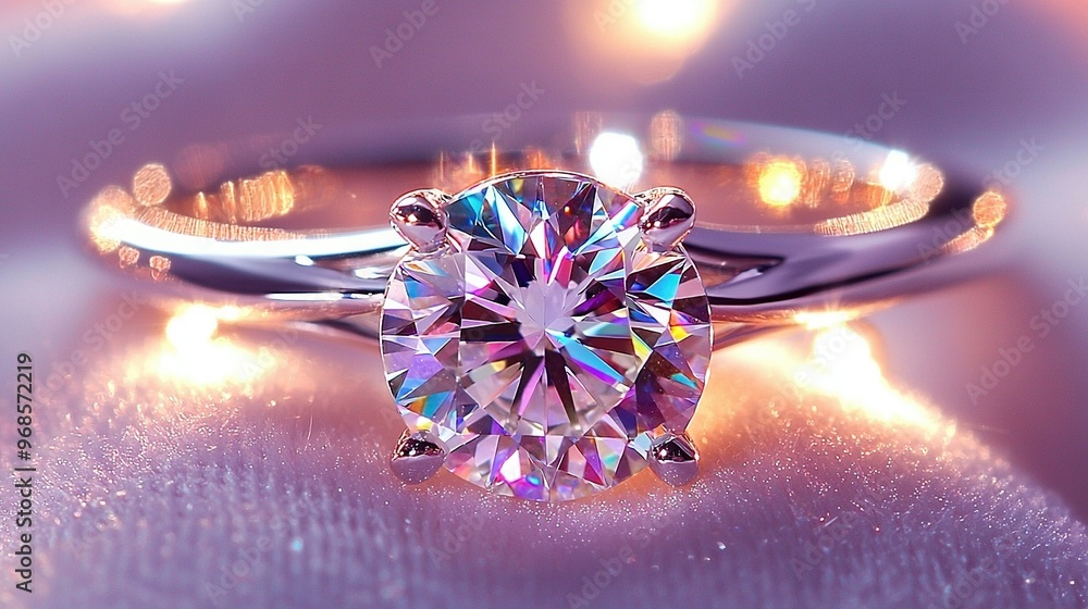 Poster a macro shot of a ring adorned with a sizable diamond and backdrop illumination