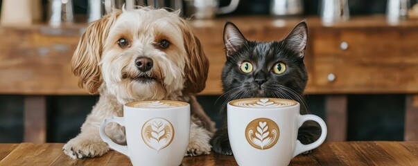 A dog and cat having a latte art battle at a coffee festival, dog, cat, latte art battle
