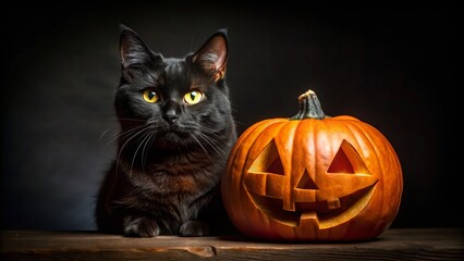 A black cat's piercing orange eyes gaze out from a carved pumpkin on a dark, mysterious background.