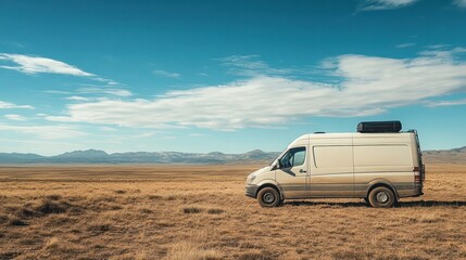Fototapeta premium A sustainable adventure van parked in the vast desert. It provides energy as travelers capture distant landscapes.