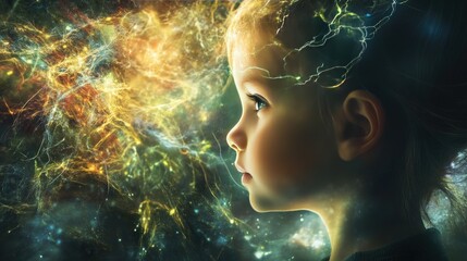 Conceptual art of a child's brain showcasing electric currents and complex neuron networks, highlighting the mind