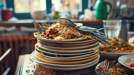 Stack of dirty plates with leftover food and used utensils on a tabletop after a meal