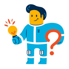 Man holds a light bulb and a question mark in his hands