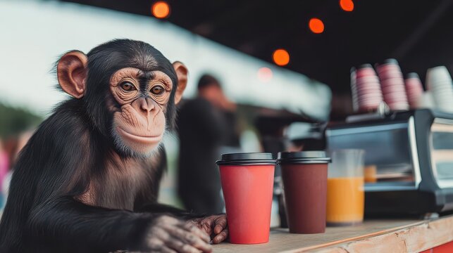 A festival stage with a monkey barista performing latte art tricks, stage, monkey barista, latte art