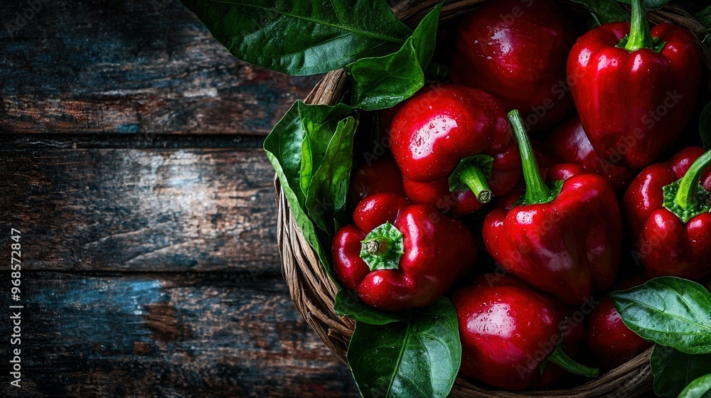 Sticker  Red peppers fill a wooden table's basket, adjacent to a leafy green plant