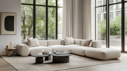 Fototapeta premium Contemporary living room featuring a stylish sectional sofa, modern decor, and large windows, creating an elegant, sunlit space.