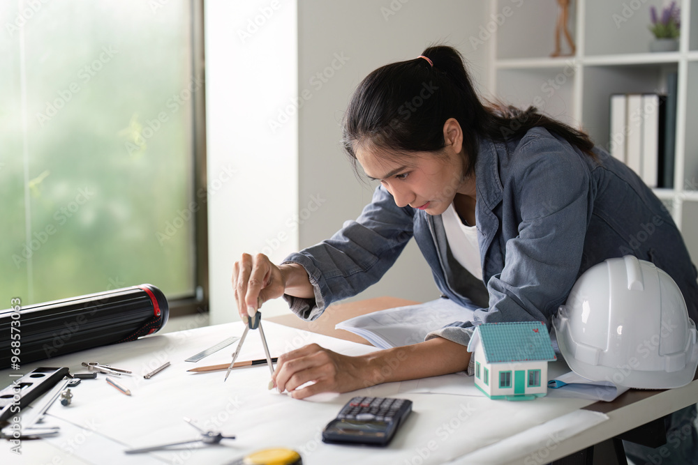 Aufkleber engineer using compass for precise drafting in office
