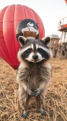 Fototapeta premium A raccoon with a coffee-themed balloon at a festival, raccoon, coffee balloon, festival