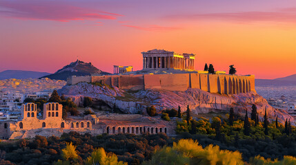 Fototapeta premium a view of the acropolis in greece bathed in the warm light of the sunset