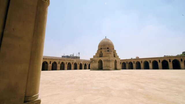 Ablution Fountain Of The Ibn Tulun Mosque On A Sunny Day In Cairo, Egypt. - tilt down shot