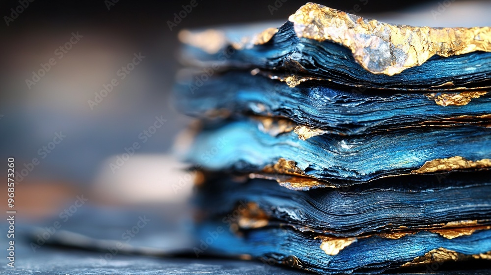 Poster a stack of blue jeans adorned with gold foil edges and a pair of scissors centered within it