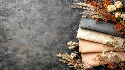   A pile of papers rests atop a table, adjacent to a bouquet of dried blossoms