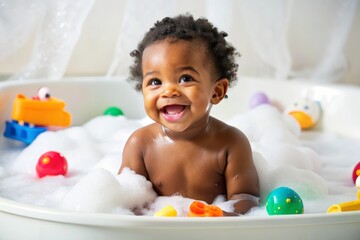 African descent kid enjoying bath tub. Bathing without tears. cute emotional baby is engaged in hygiene procedures, smiling. disinfection, prevention against diseases and viruses