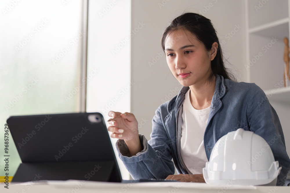 Poster engineer using tablet for project management in office