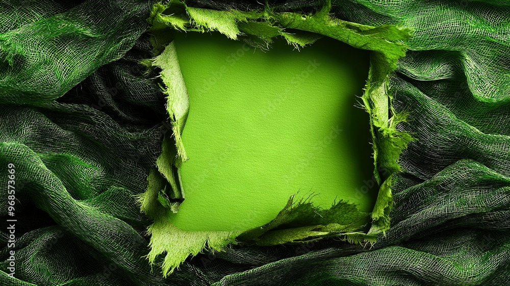 Poster a green piece of cloth with a hole in its center partially covered by a green cloth can be fixed by 
