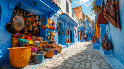 Obraz premium a sunny daylight scene of colorful blue streets and traditional stores in morocco