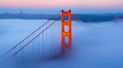 the golden gate bridge in san francisco, covered by clouds during sunset