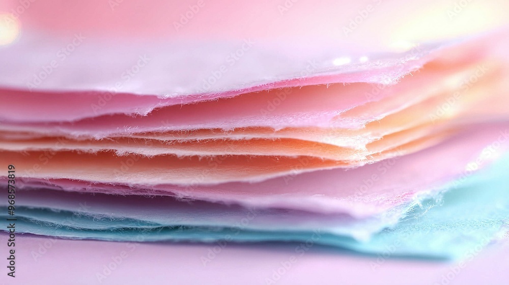 Poster a stack of pastel-colored papers on a multicolored surface with a hazy light in the background