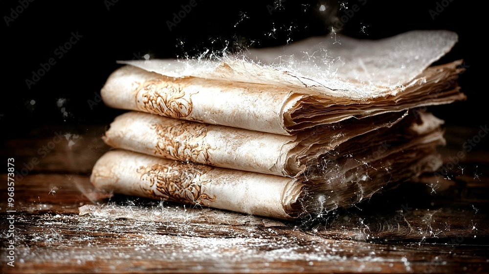 Poster a stack of papers rests atop a wooden table adjacent to a mound of frosted sheets on the same table